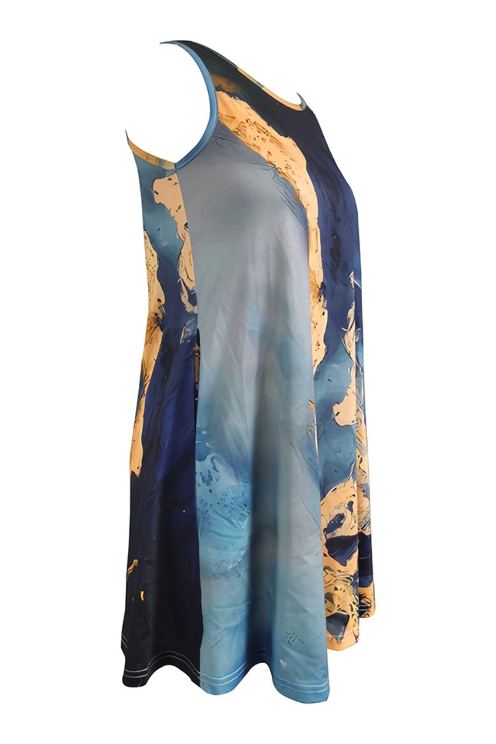 Round Neck Abstract Print Sleeveless Dress with Pockets