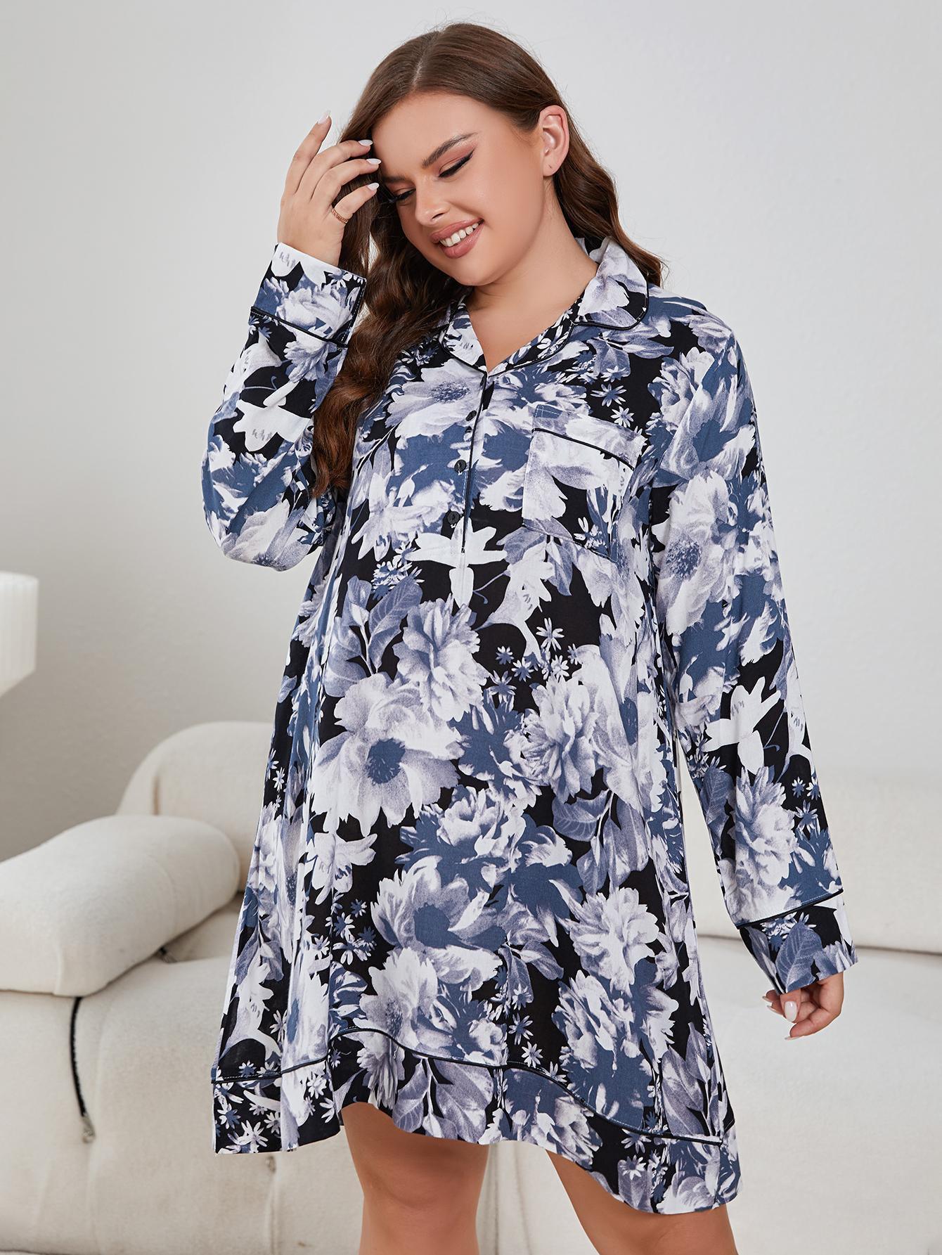 Floral Lapel Collar Long Sleeve Night Dress