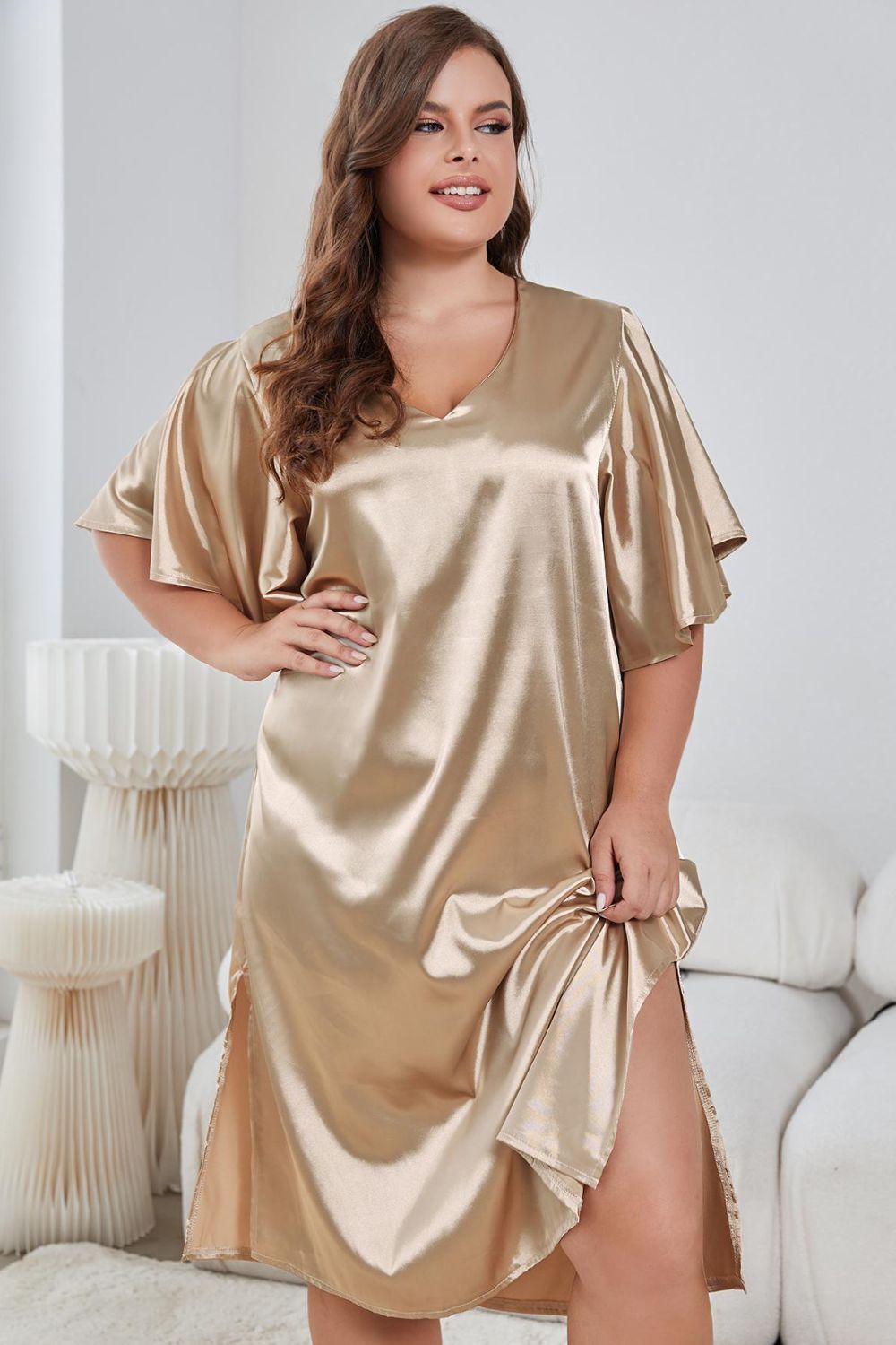 Flutter Sleeve V-Neck Side Slit Night Gown