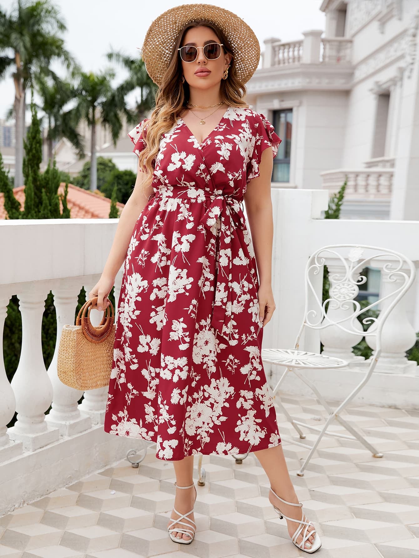 Floral Tie Waist Surplice Neck Midi Dress