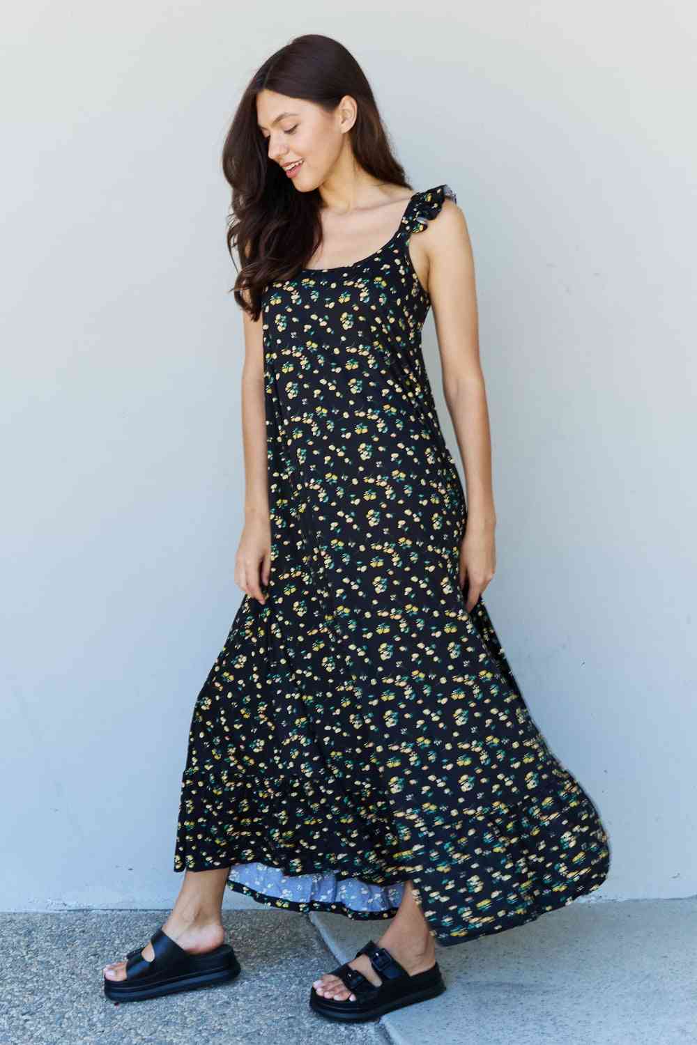 In The Garden Ruffle Floral Maxi Dress in Black Yellow Floral