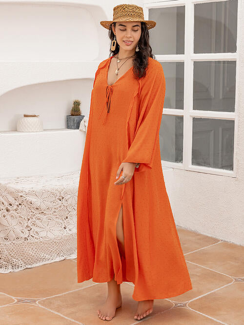 Tie Neck Long Sleeve Slit Dress