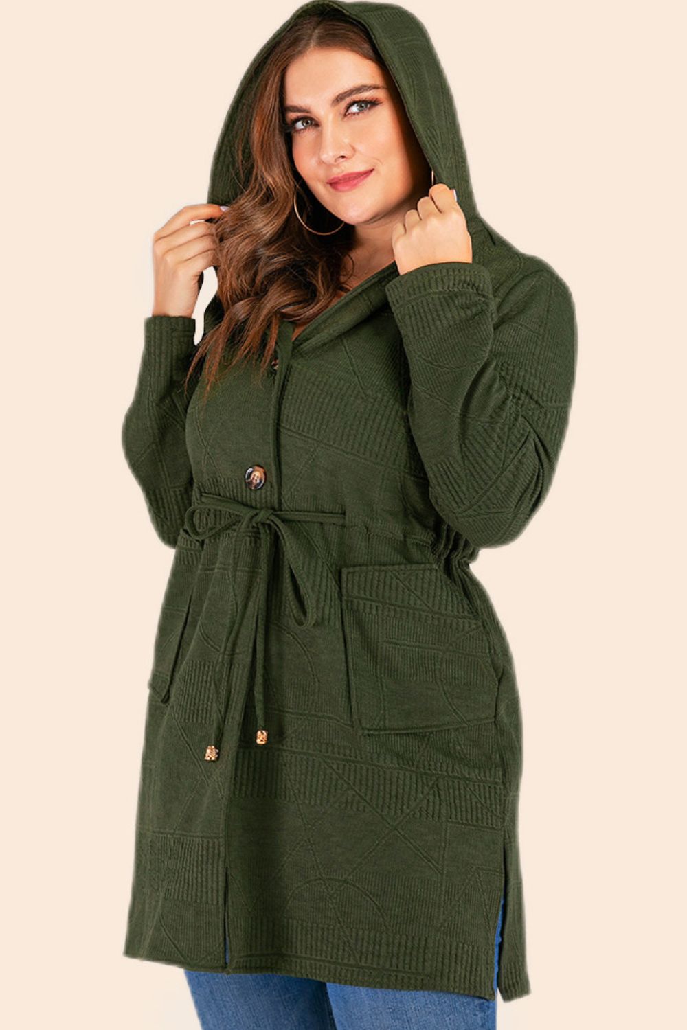 Drawstring Waist Hooded Cardigan with Pockets