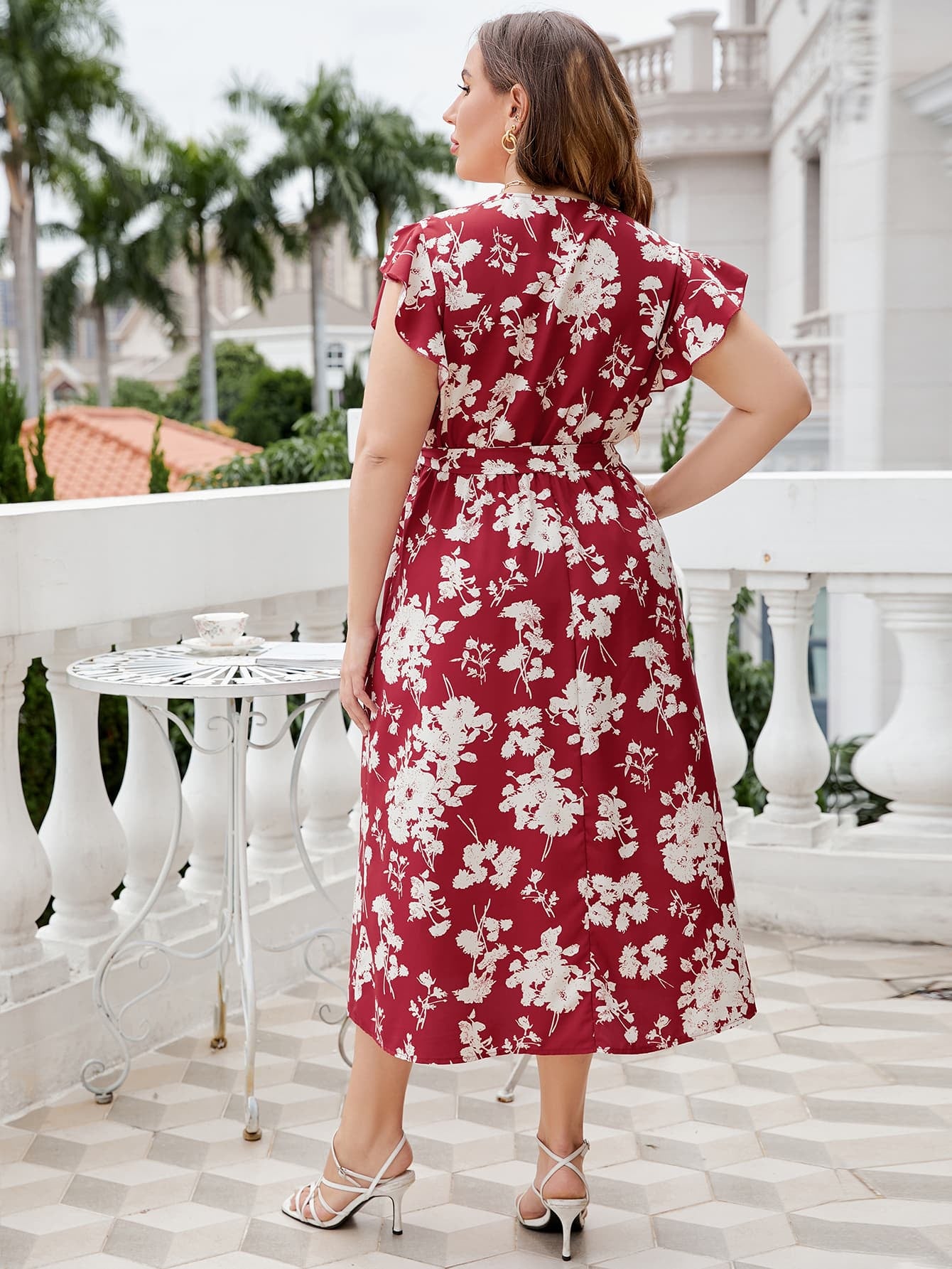 Floral Tie Waist Surplice Neck Midi Dress