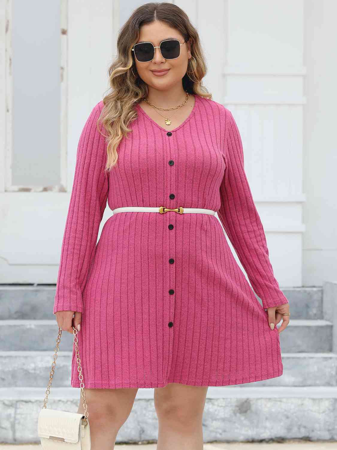 Ribbed Buttoned V-Neck Long Sleeve Dress