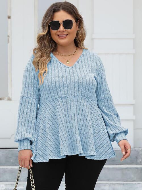 Ribbed V-Neck Long Sleeve Blouse