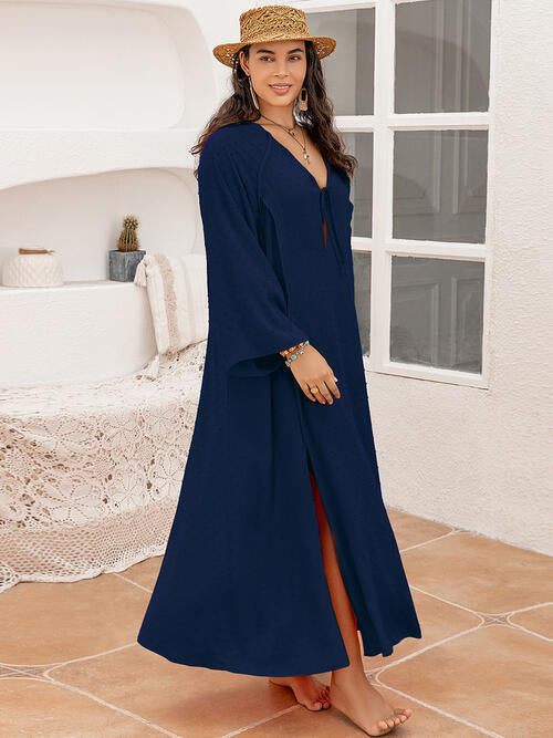 Tie Neck Long Sleeve Slit Dress