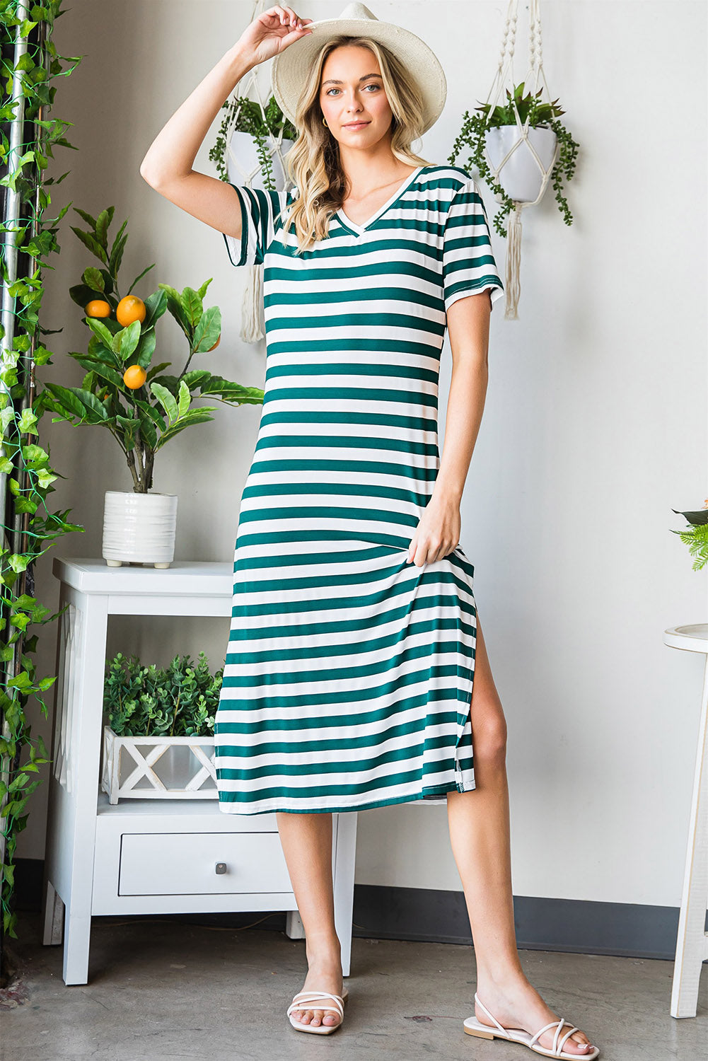 Striped V-Neck Short Sleeve Side Slit Dress