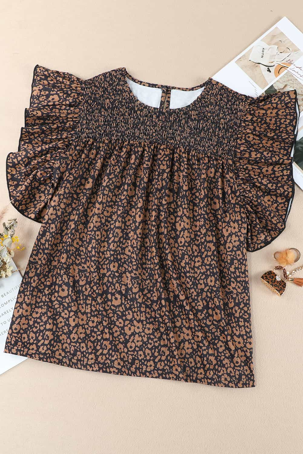 Printed Smocked Butterfly Sleeve Blouse