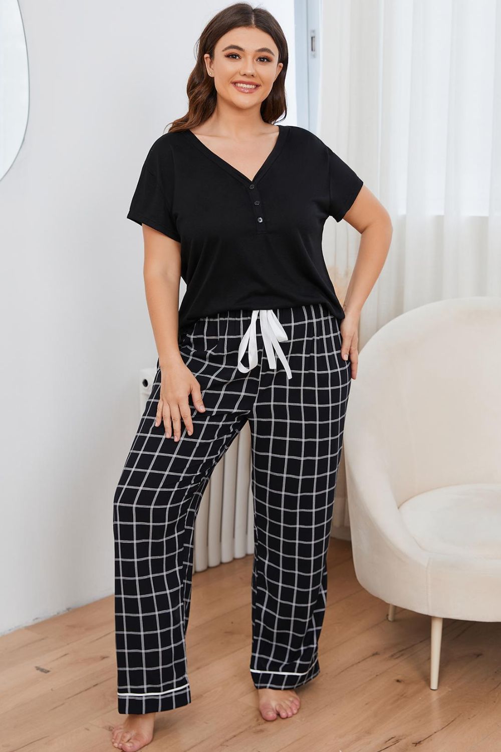 V-Neck Top and Plaid Pants Lounge Set