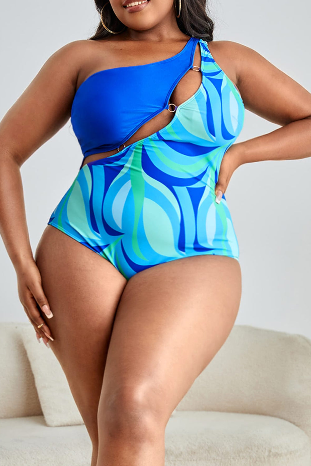 Printed Ring Detail One-Shoulder One-Piece Swimsuit