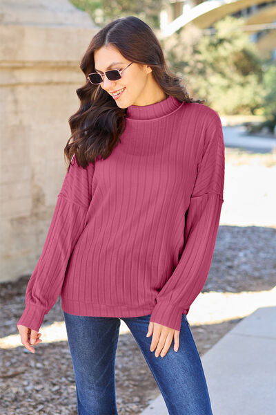 Ribbed Exposed Seam Mock Neck Knit Top