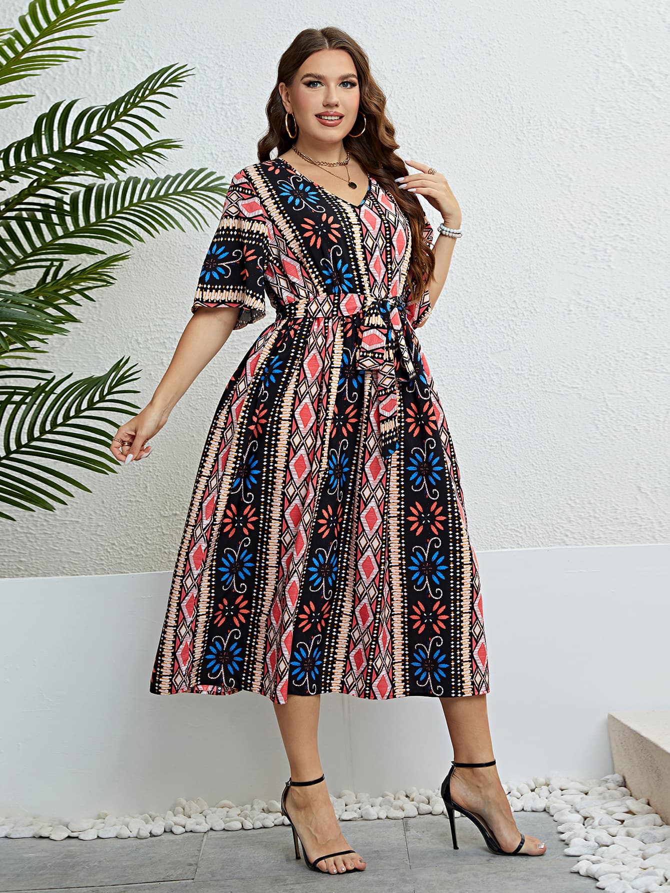 Bohemian V-Neck Tie Belt Midi Dress