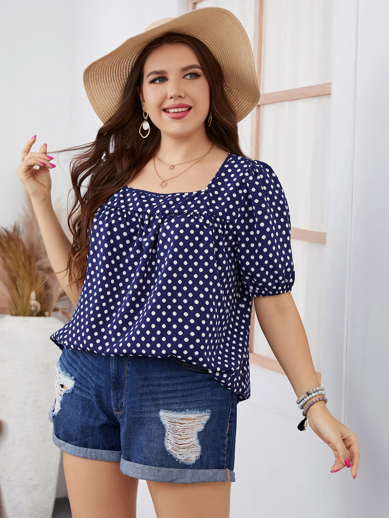 Polka Dot Square Neck Blouse