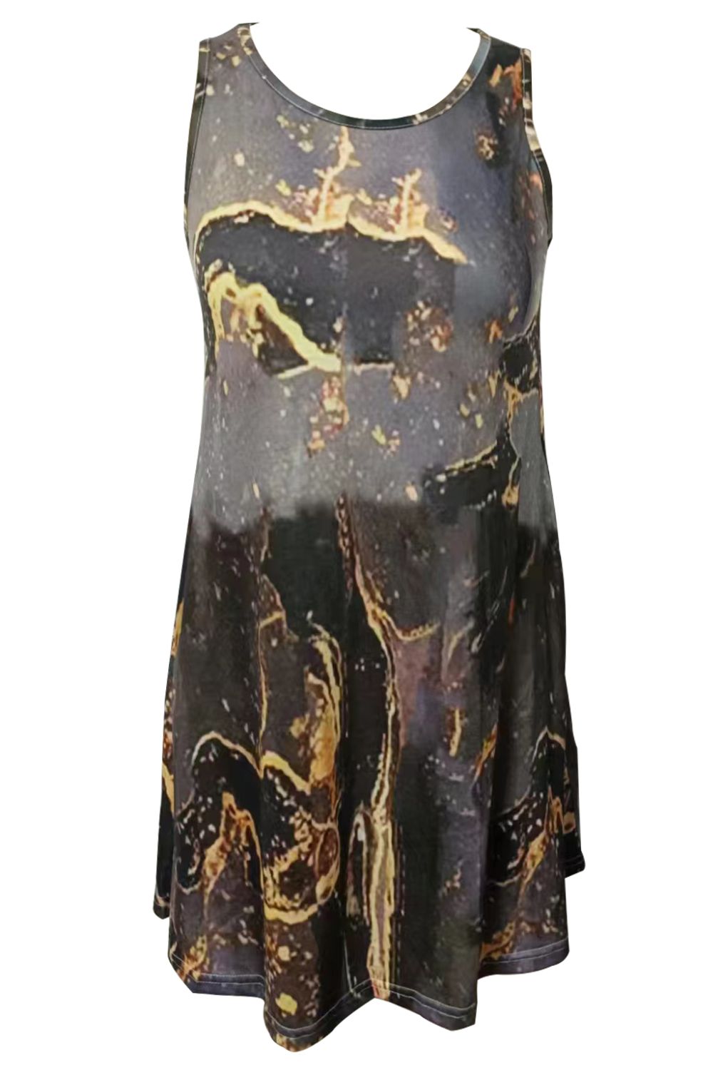 Round Neck Abstract Print Sleeveless Dress with Pockets