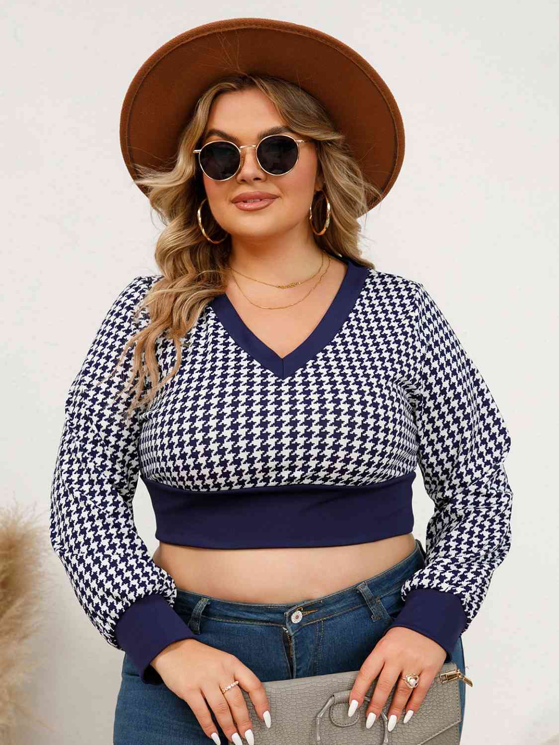 Houndstooth V-Neck Long Sleeve Blouse