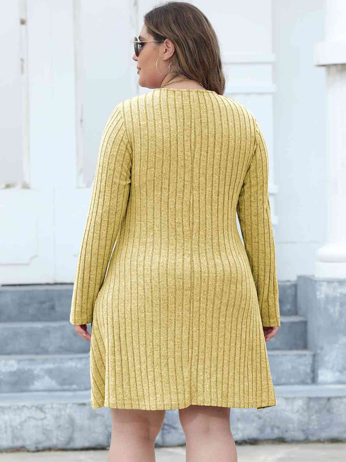 Ribbed Buttoned V-Neck Long Sleeve Dress