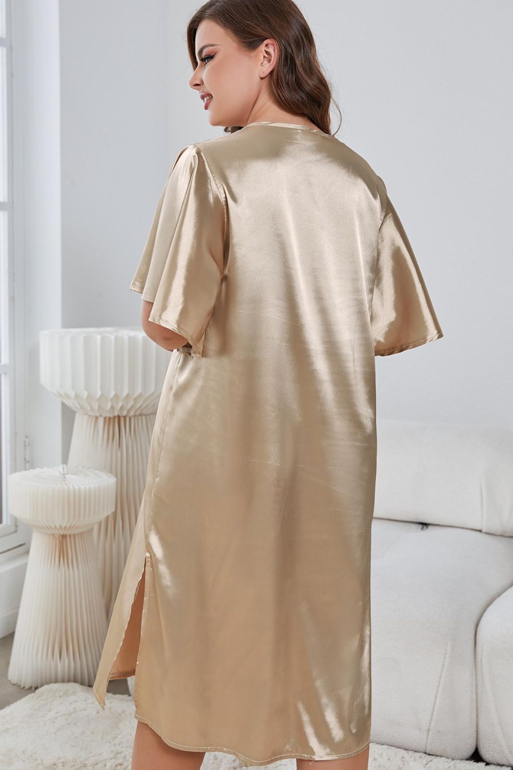 Flutter Sleeve V-Neck Side Slit Night Gown