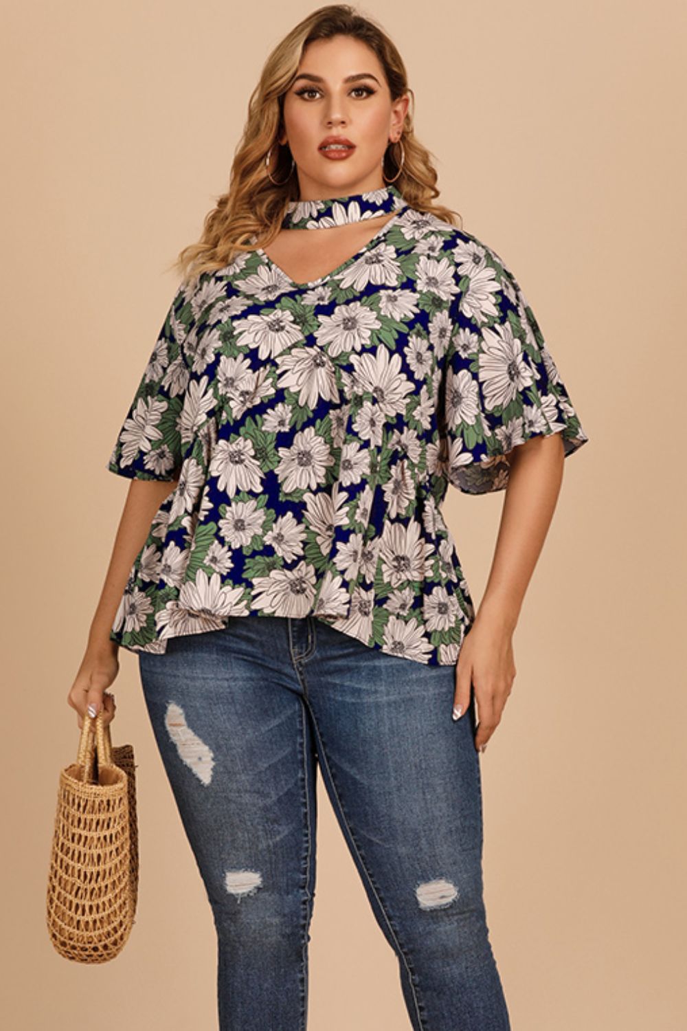 Floral Flutter Sleeve Cutout Blouse