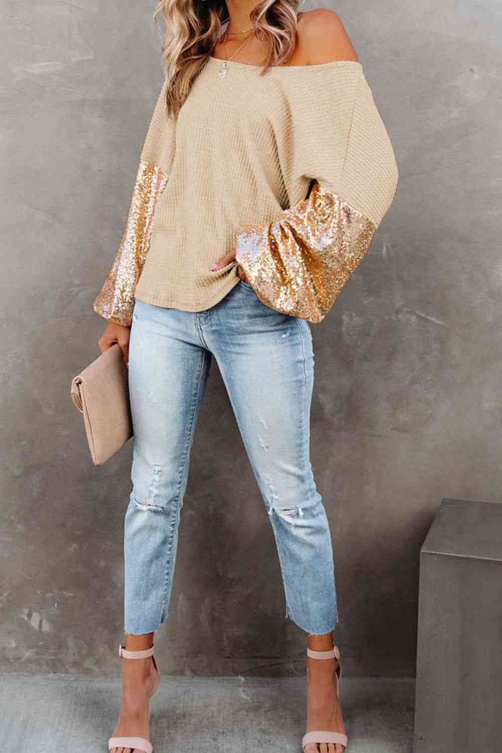 Sequin Waffle-Knit Blouse