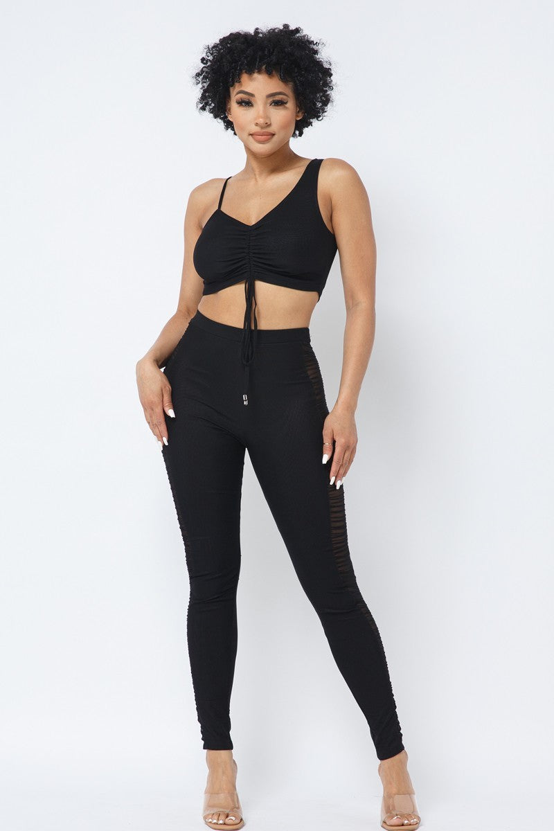 Mesh Strappy Ruched Crop Top with Matching Leggings