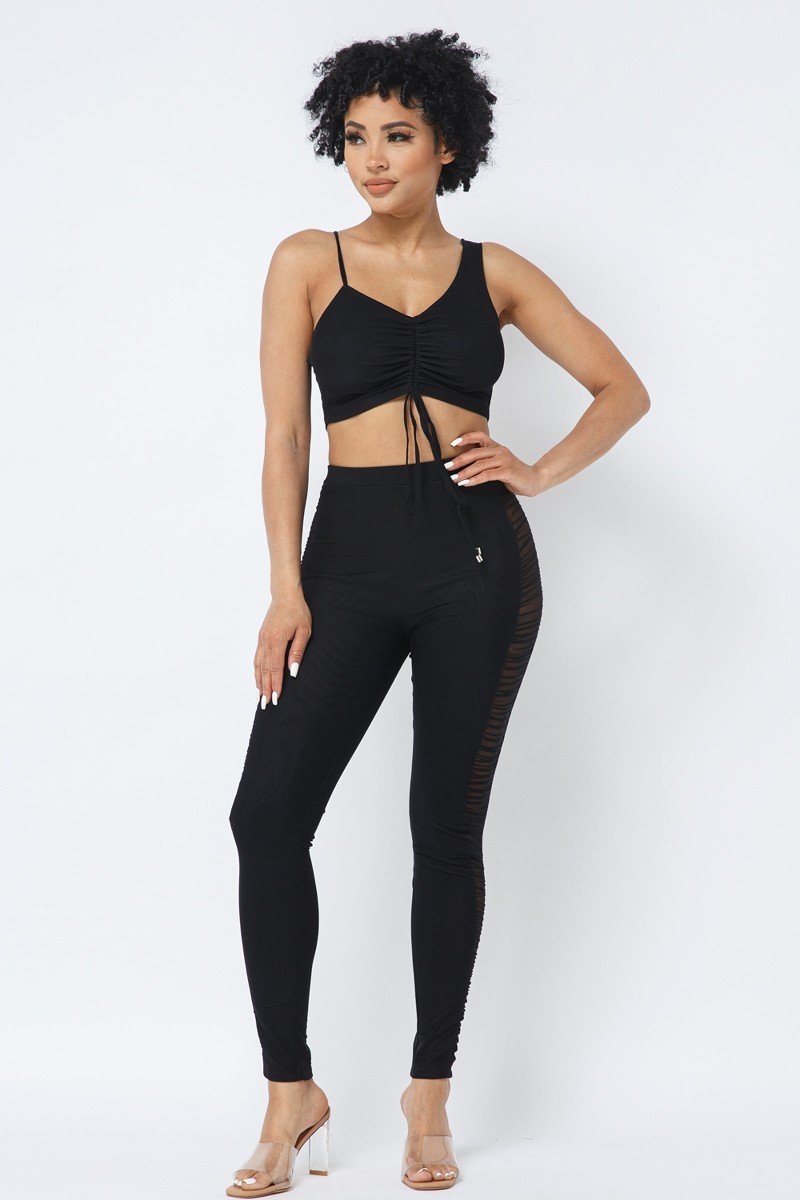 Mesh Strappy Ruched Crop Top with Matching Leggings