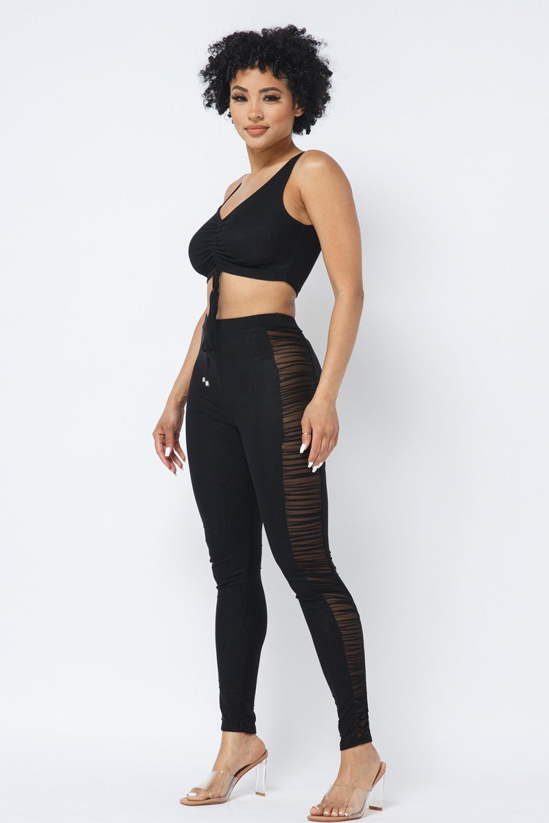 Mesh Strappy Ruched Crop Top with Matching Leggings