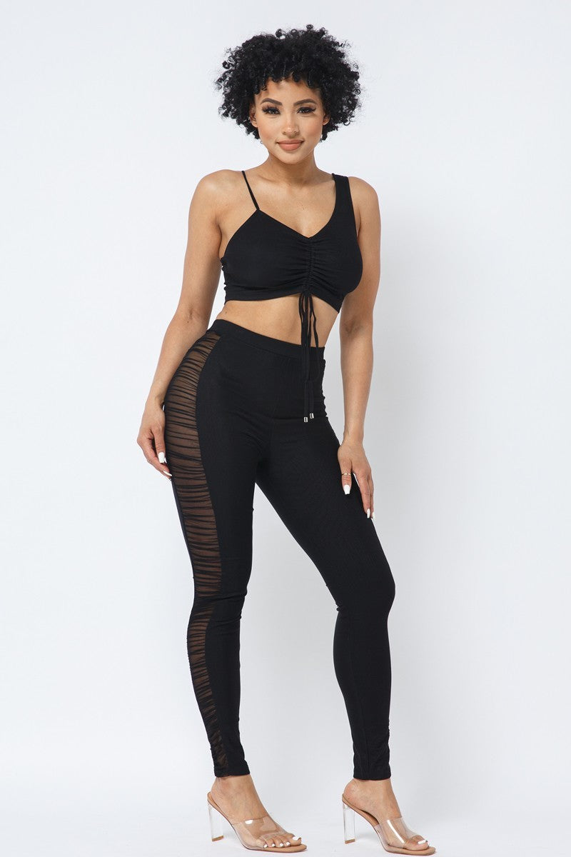 Mesh Strappy Ruched Crop Top with Matching Leggings