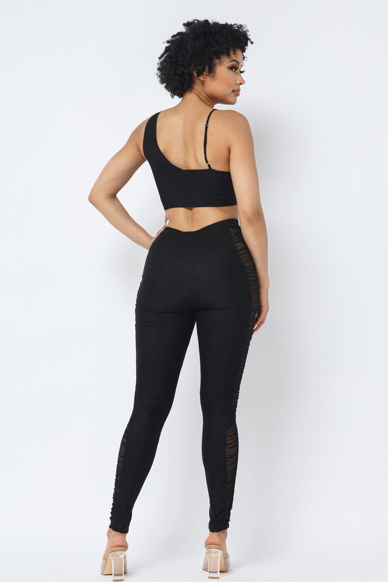 Mesh Strappy Ruched Crop Top with Matching Leggings