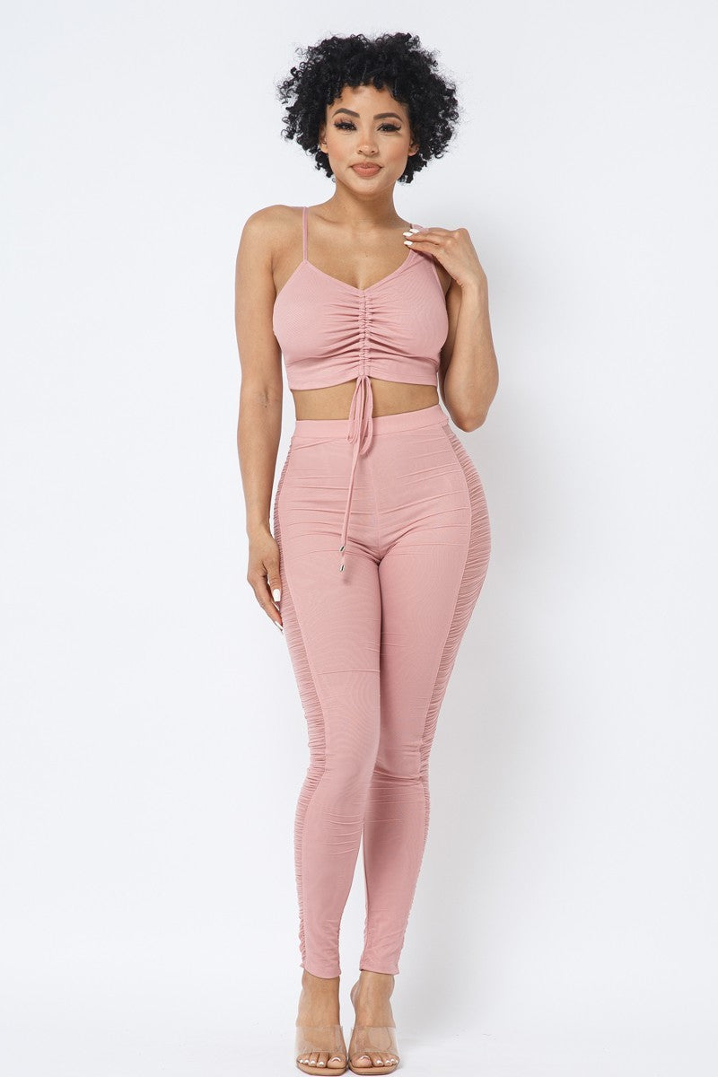 Mesh Strappy Ruched Crop Top with Matching Leggings