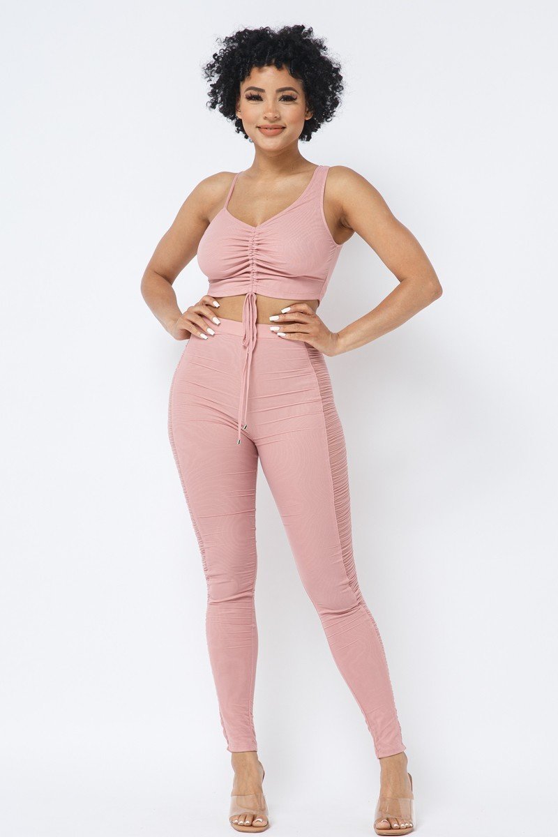 Mesh Strappy Ruched Crop Top with Matching Leggings