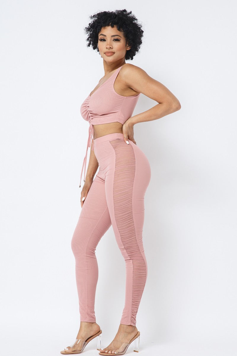 Mesh Strappy Ruched Crop Top with Matching Leggings