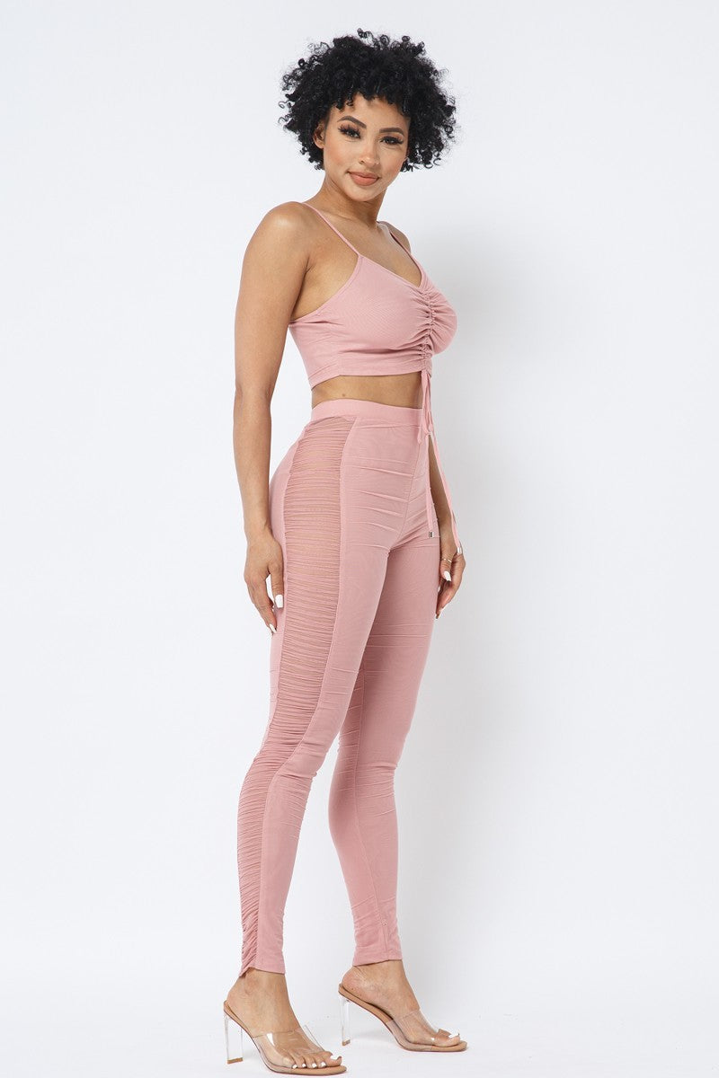 Mesh Strappy Ruched Crop Top with Matching Leggings