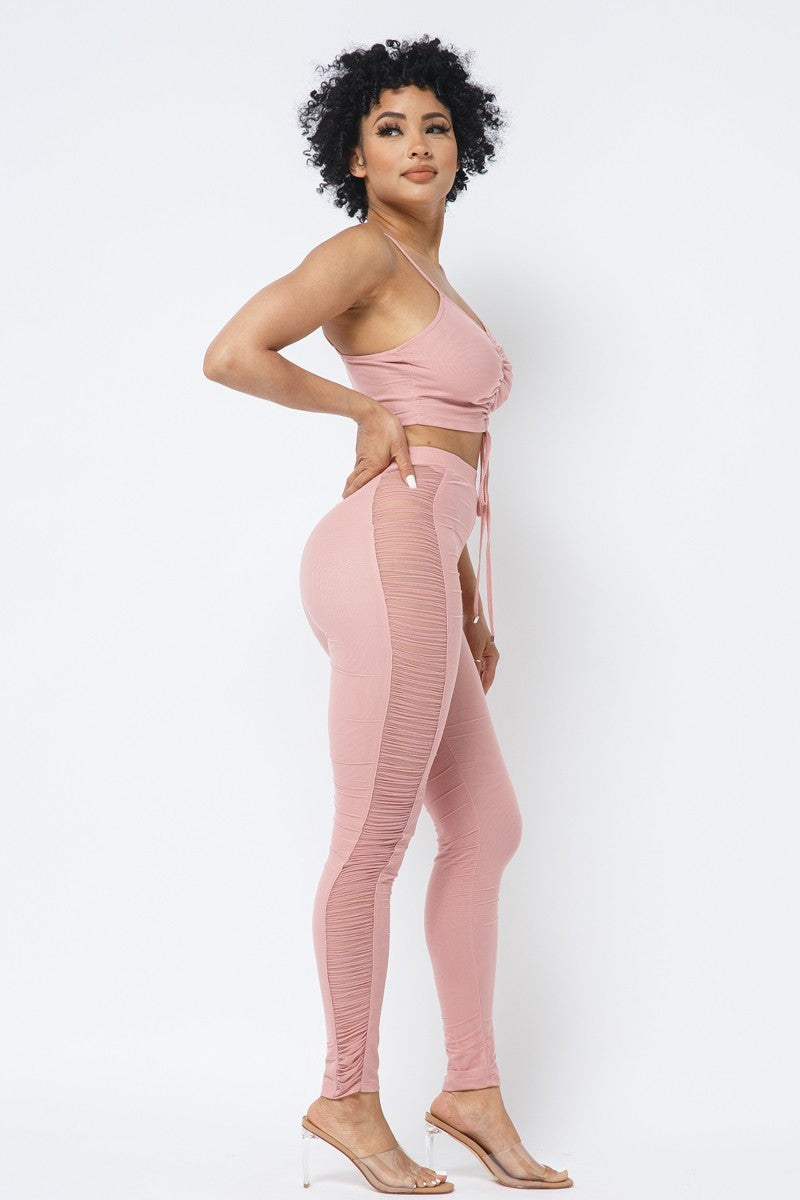 Mesh Strappy Ruched Crop Top with Matching Leggings