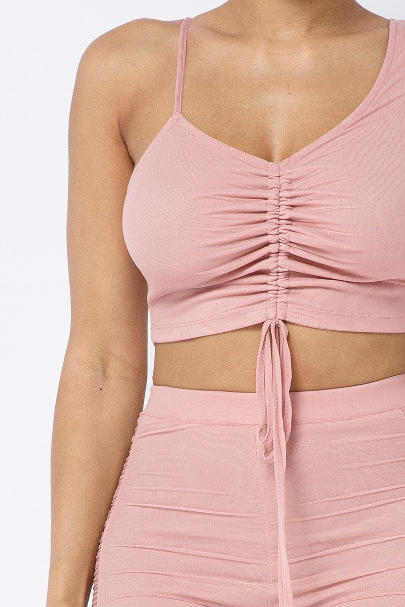 Mesh Strappy Ruched Crop Top with Matching Leggings