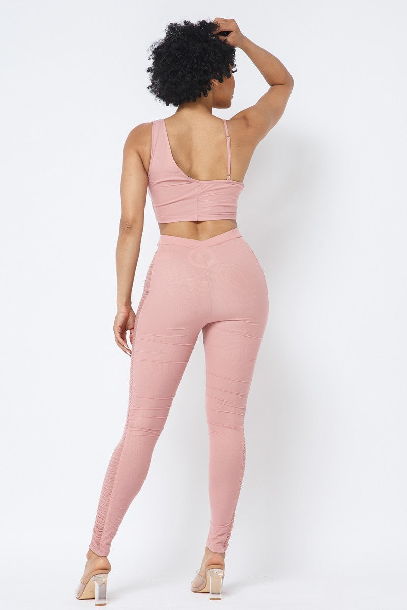 Mesh Strappy Ruched Crop Top with Matching Leggings