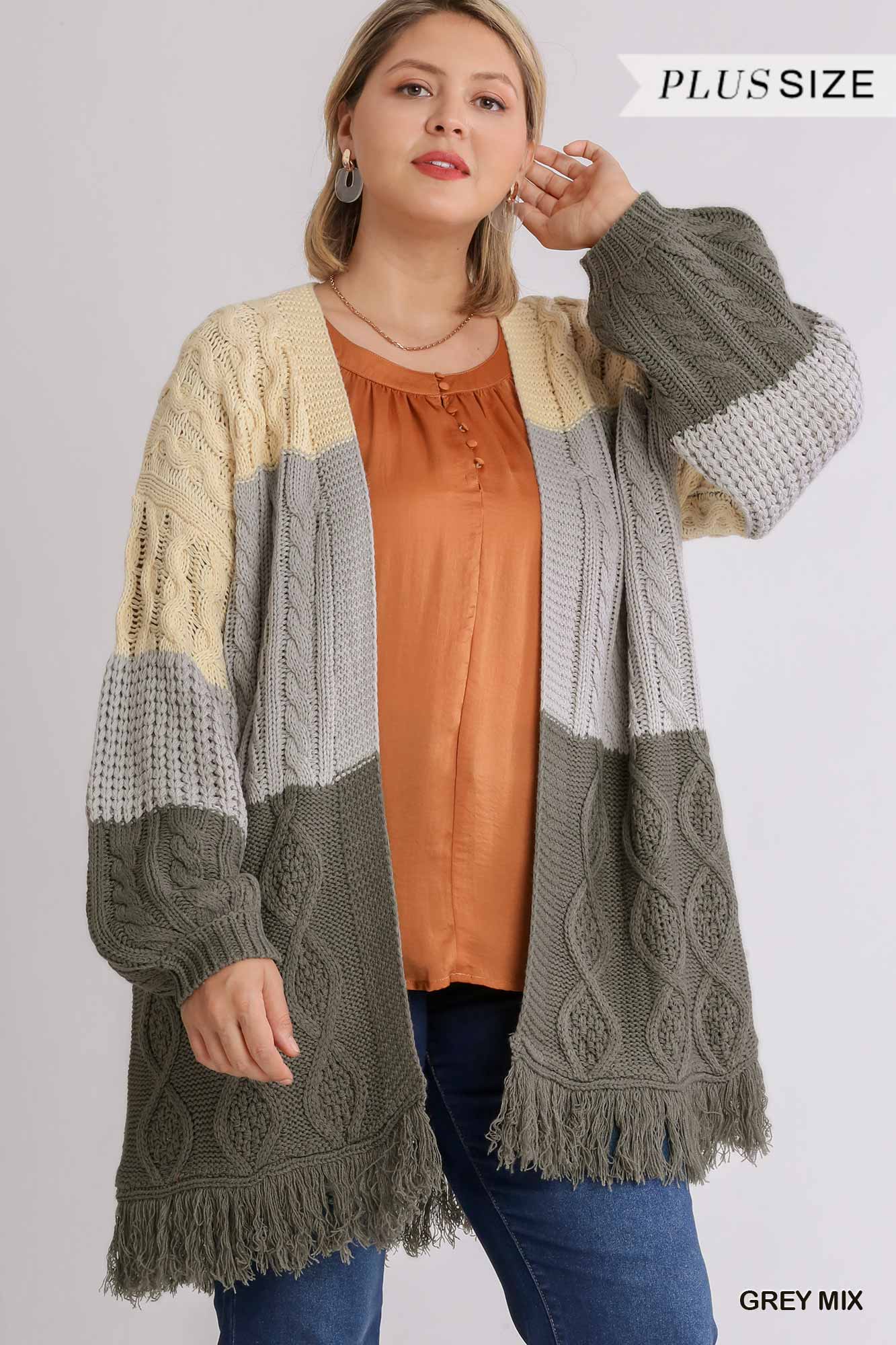 Patchwork Open Front Cardigan Sweater with Frayed Hem