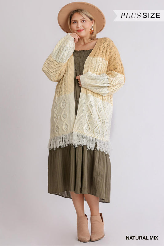 Patchwork Open Front Cardigan Sweater with Frayed Hem