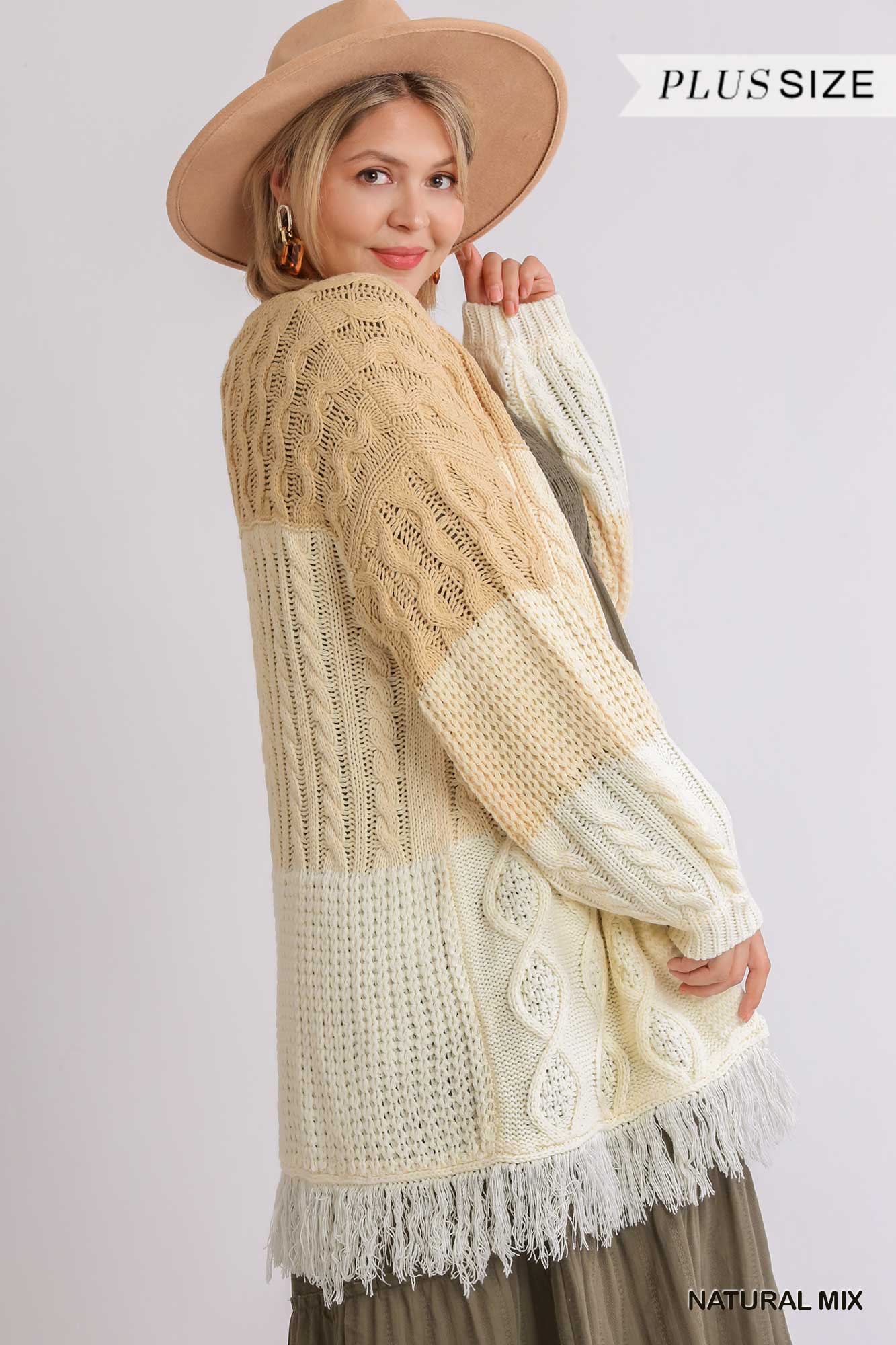 Patchwork Open Front Cardigan Sweater with Frayed Hem