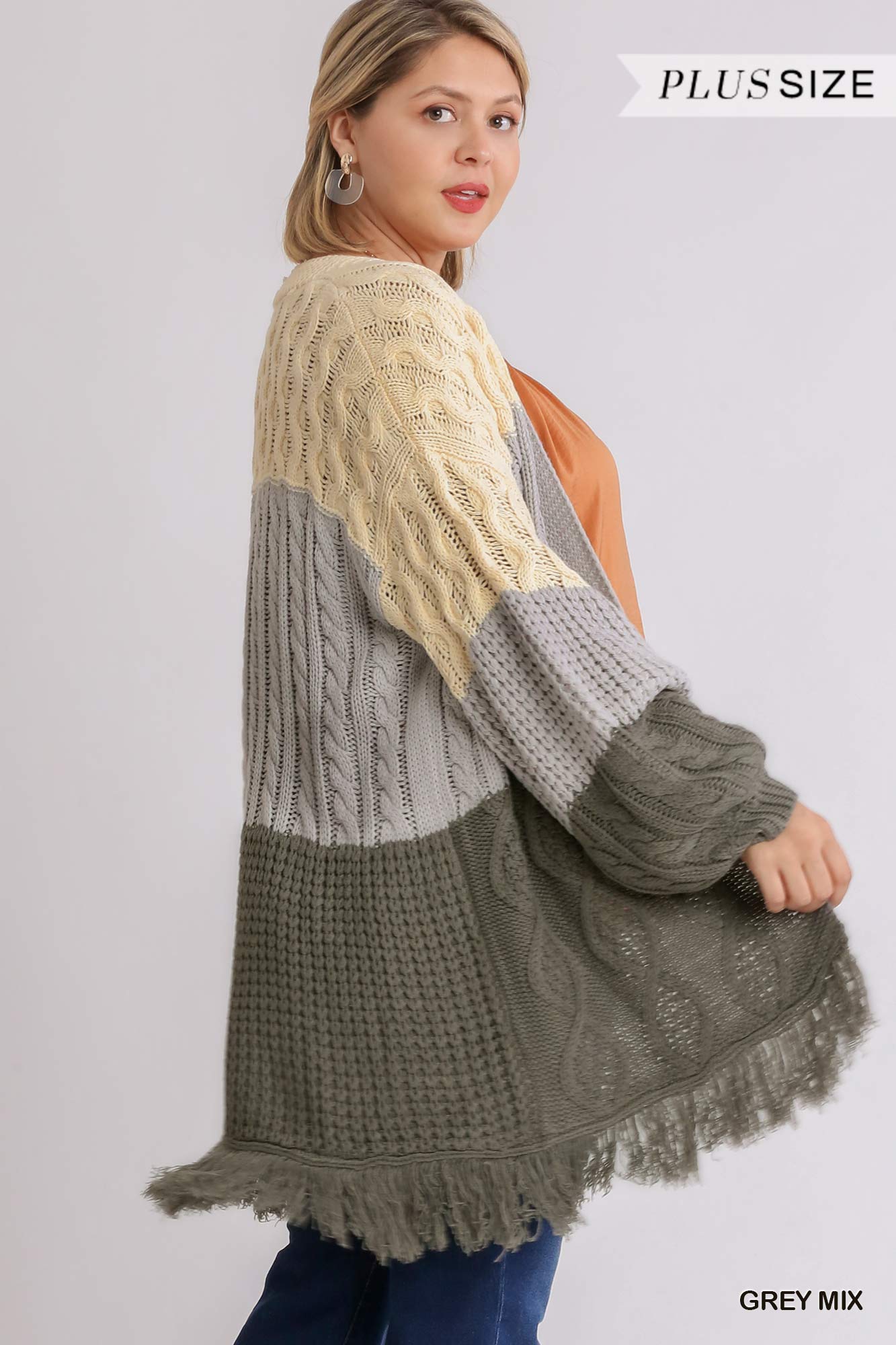 Patchwork Open Front Cardigan Sweater with Frayed Hem