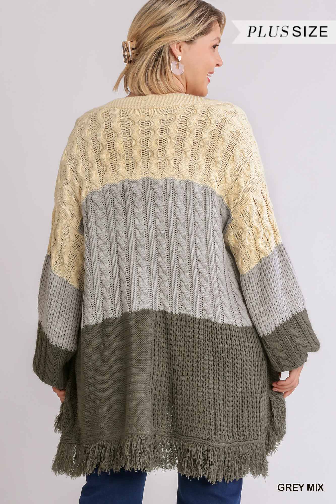 Patchwork Open Front Cardigan Sweater with Frayed Hem