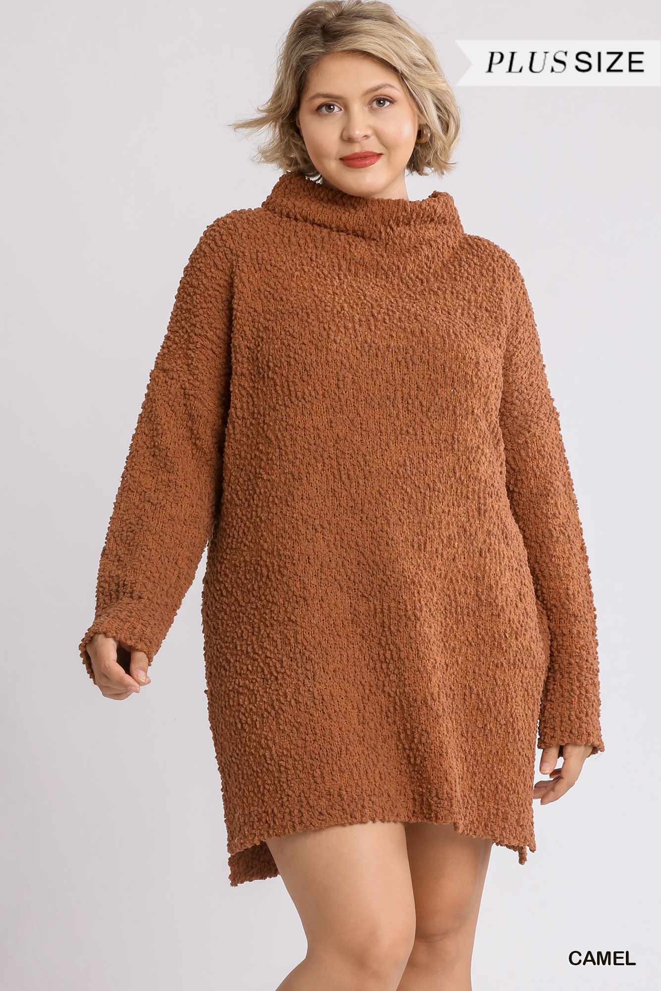 Cowl Neck Bouclé Long Sleeve Sweater Dress