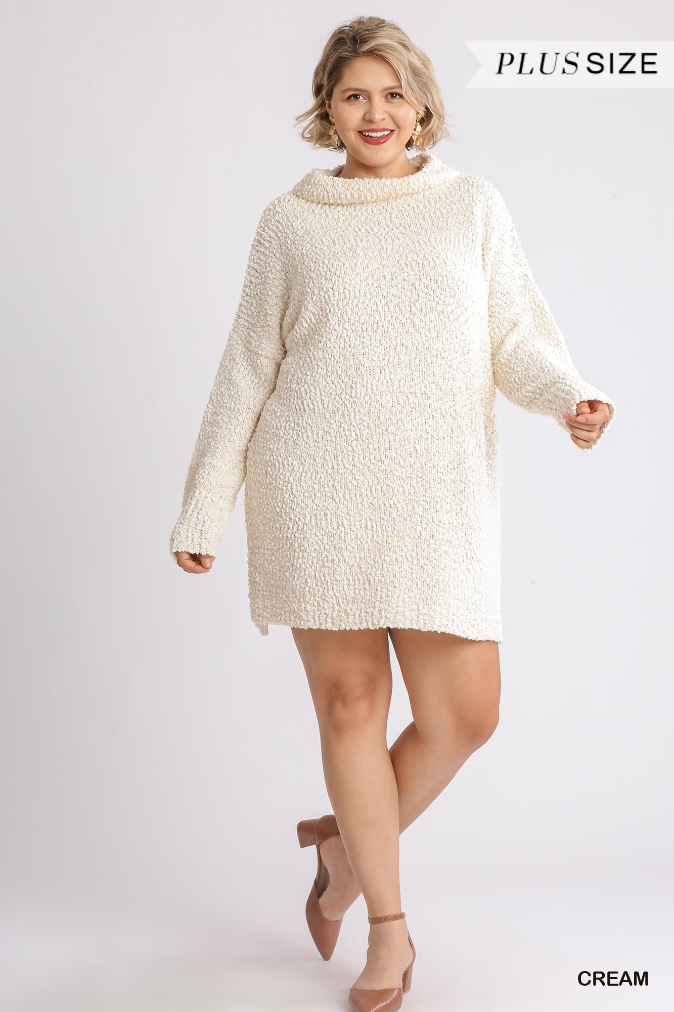 Cowl Neck Bouclé Long Sleeve Sweater Dress