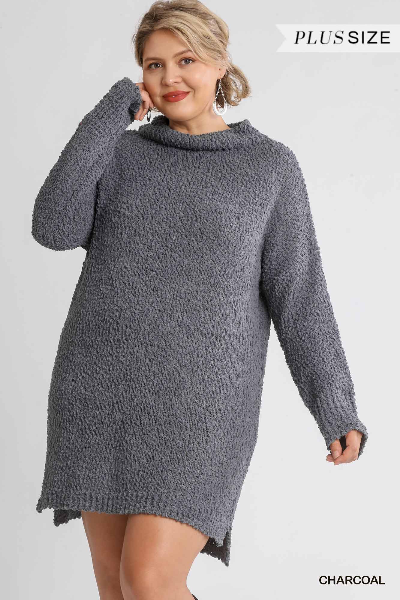 Cowl Neck Bouclé Long Sleeve Sweater Dress