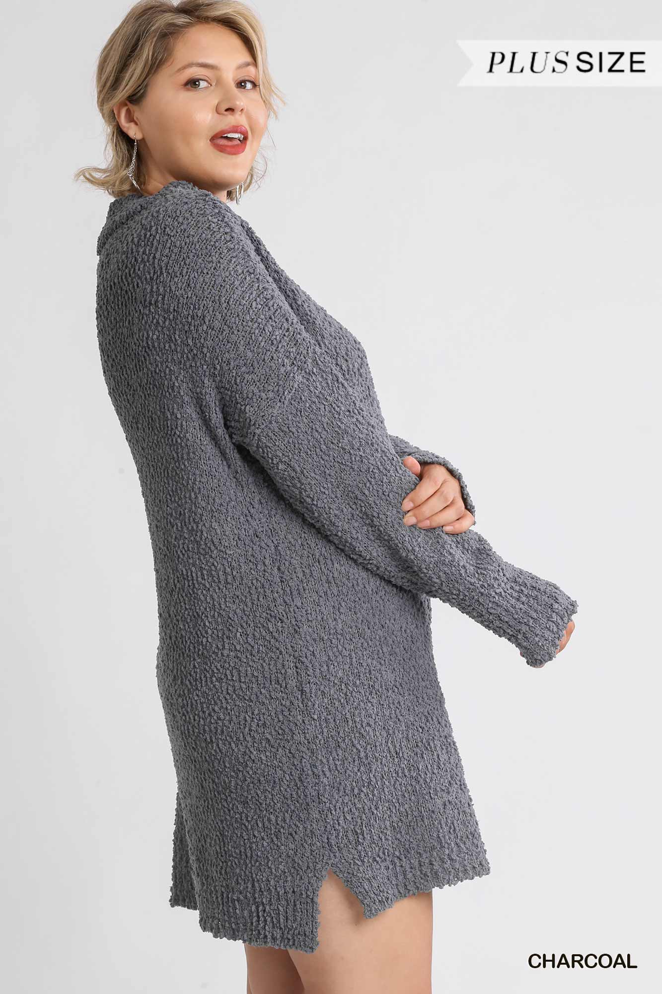 Cowl Neck Bouclé Long Sleeve Sweater Dress