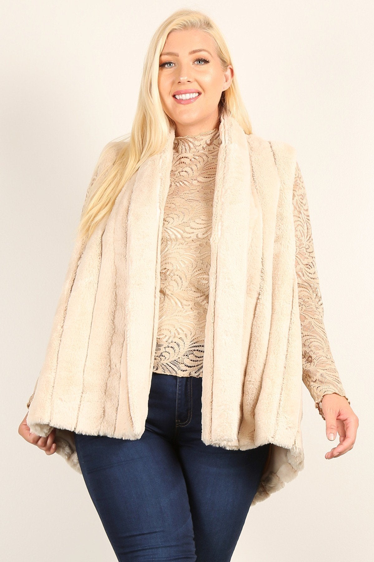 Faux Fur Vest with Open Front and Pockets