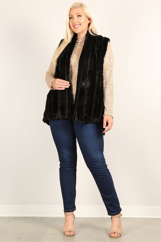 Faux Fur Vest with Open Front and Pockets