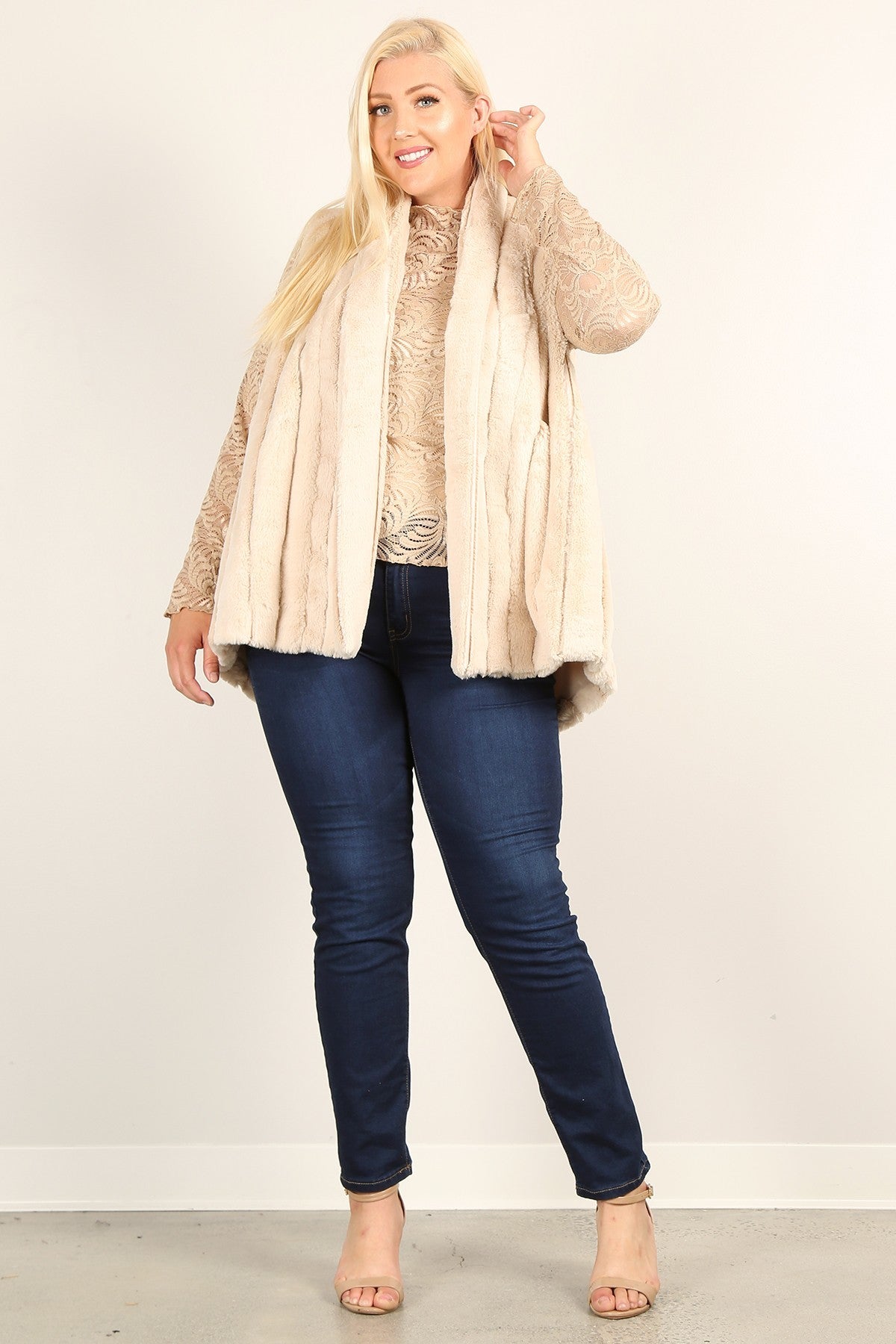 Faux Fur Vest with Open Front and Pockets