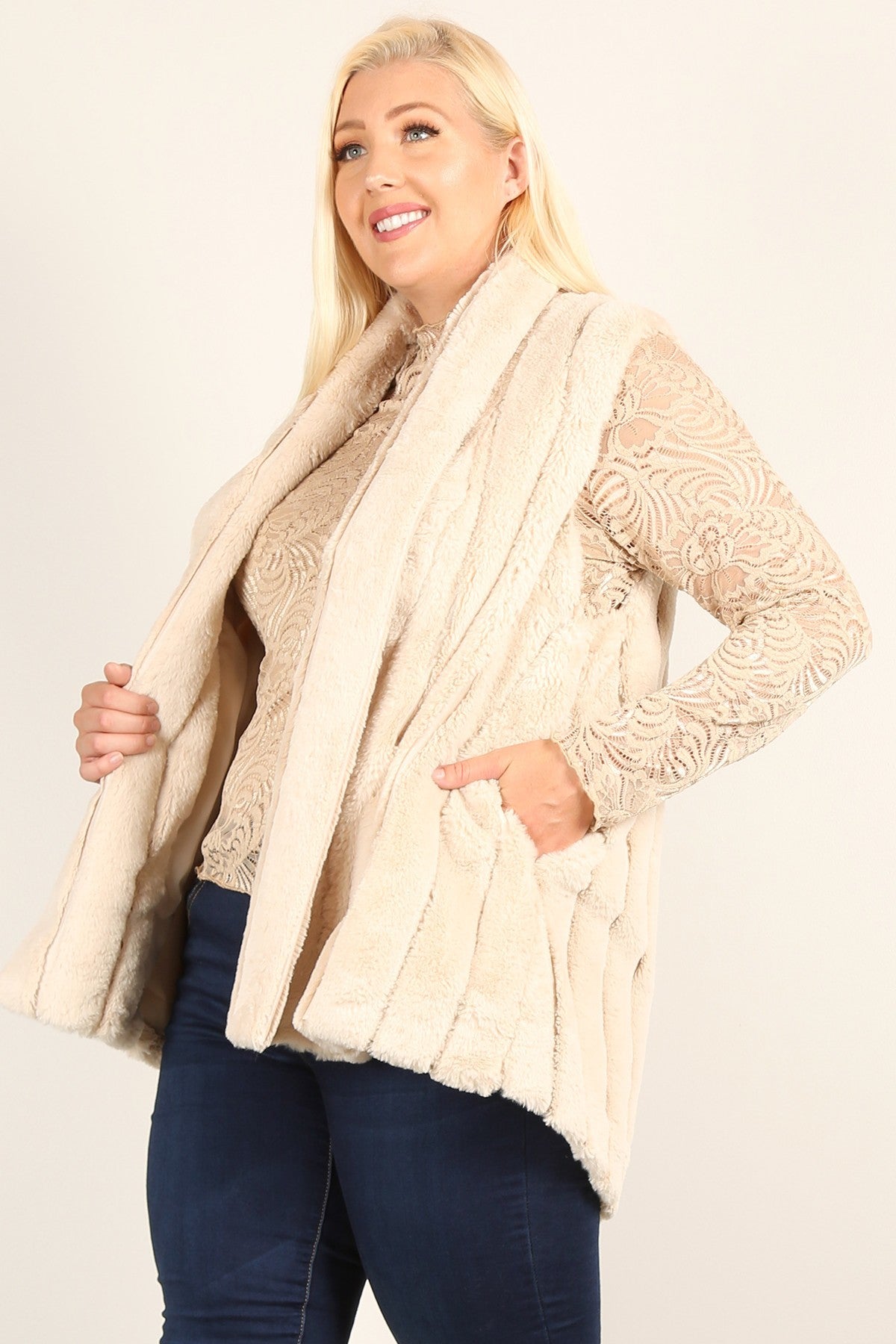 Faux Fur Vest with Open Front and Pockets