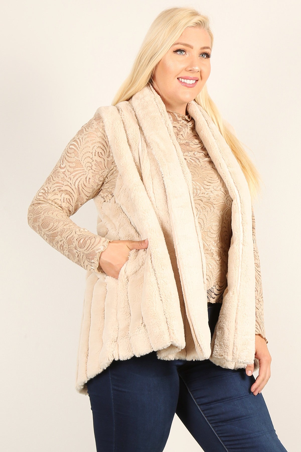 Faux Fur Vest with Open Front and Pockets